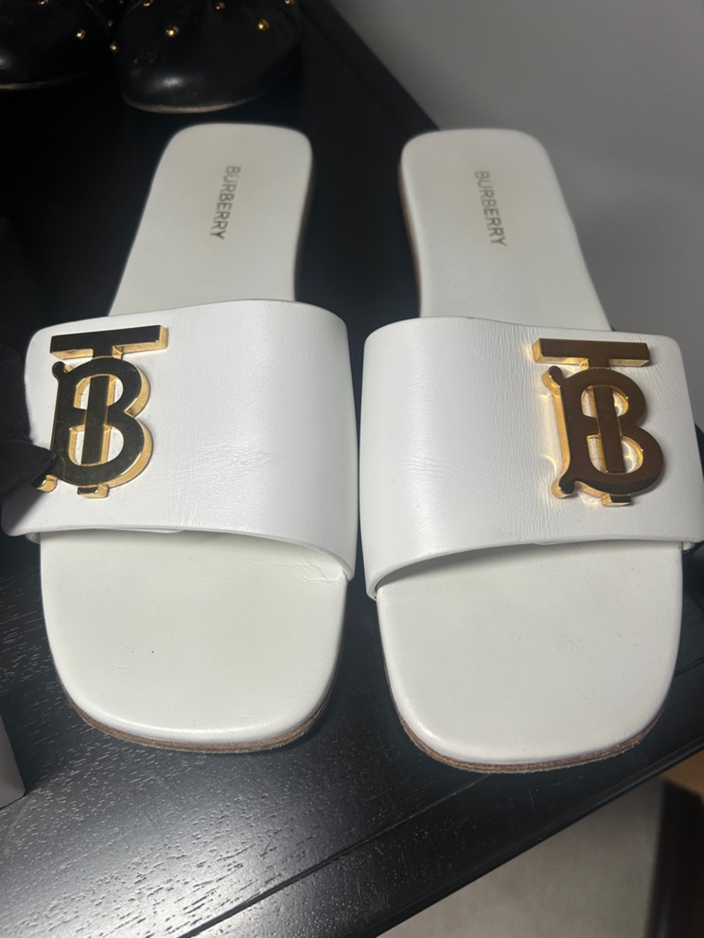 Burberry White Leather Slide with Gold TB Plaque - Picture 2 of 5